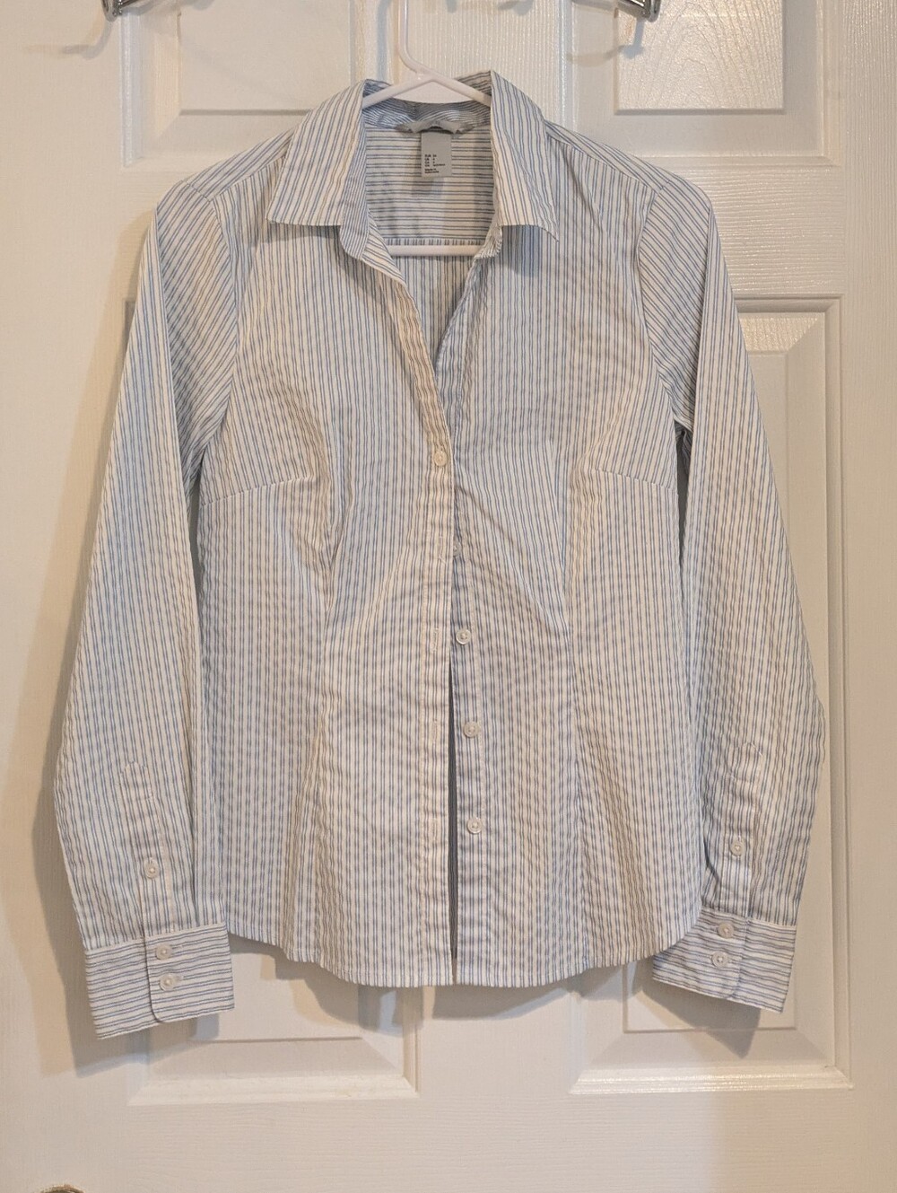 H&M Women's White and Light Blue Striped Button-Down Blouse